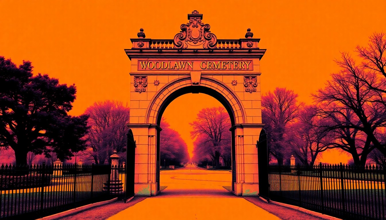A highly stylized, silkscreen-inspired illustration featuring a repeating pattern of an ornate stone archway, the iconic entrance to the Woodlawn Cemetery, rendered in a bold, neon color palette against a black background, conceptually representing the controversy over plans to transform this historic site.