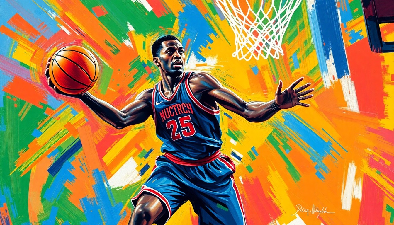 An abstract, energetic painting featuring bold, neon-colored brushstrokes that capture the dynamic movement and raw athleticism of a basketball player in action, conveying the excitement and significance of the MaxPreps National Basketball Player of the Year award.