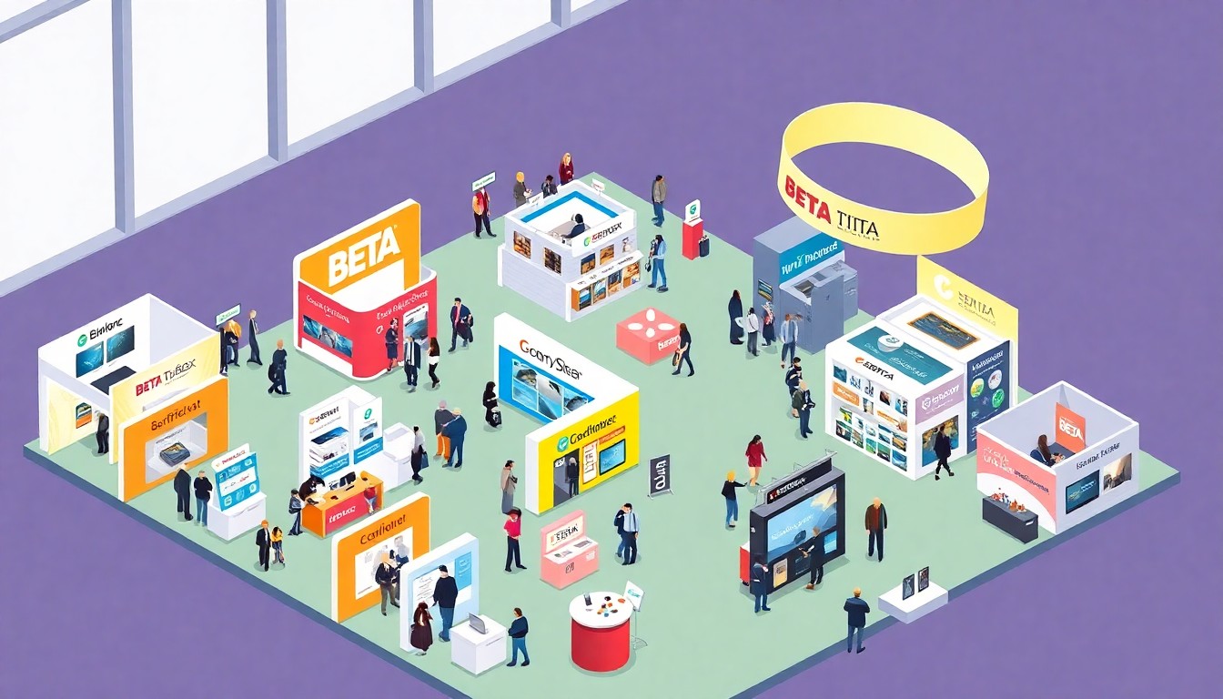 A vibrant, isometric 3D digital illustration showcasing the bustling trade show floor of BETA International 2026, with various exhibitor booths, product displays, and attendees interacting in a stylized, editorial manner.