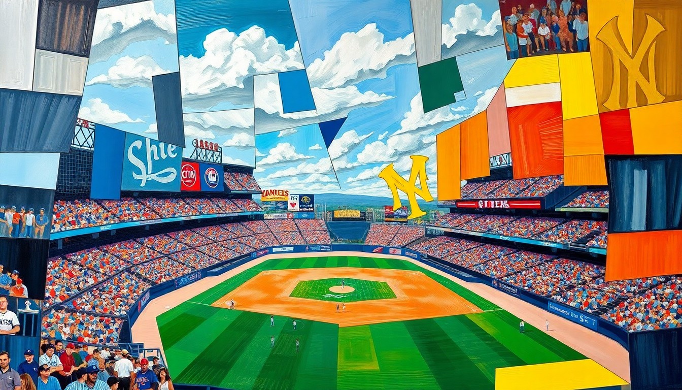 A cubist, geometric painting depicting a baseball game or match between the Yankees and Mets, with the players and field broken down into sharp, overlapping shapes and planes in a vibrant color palette.