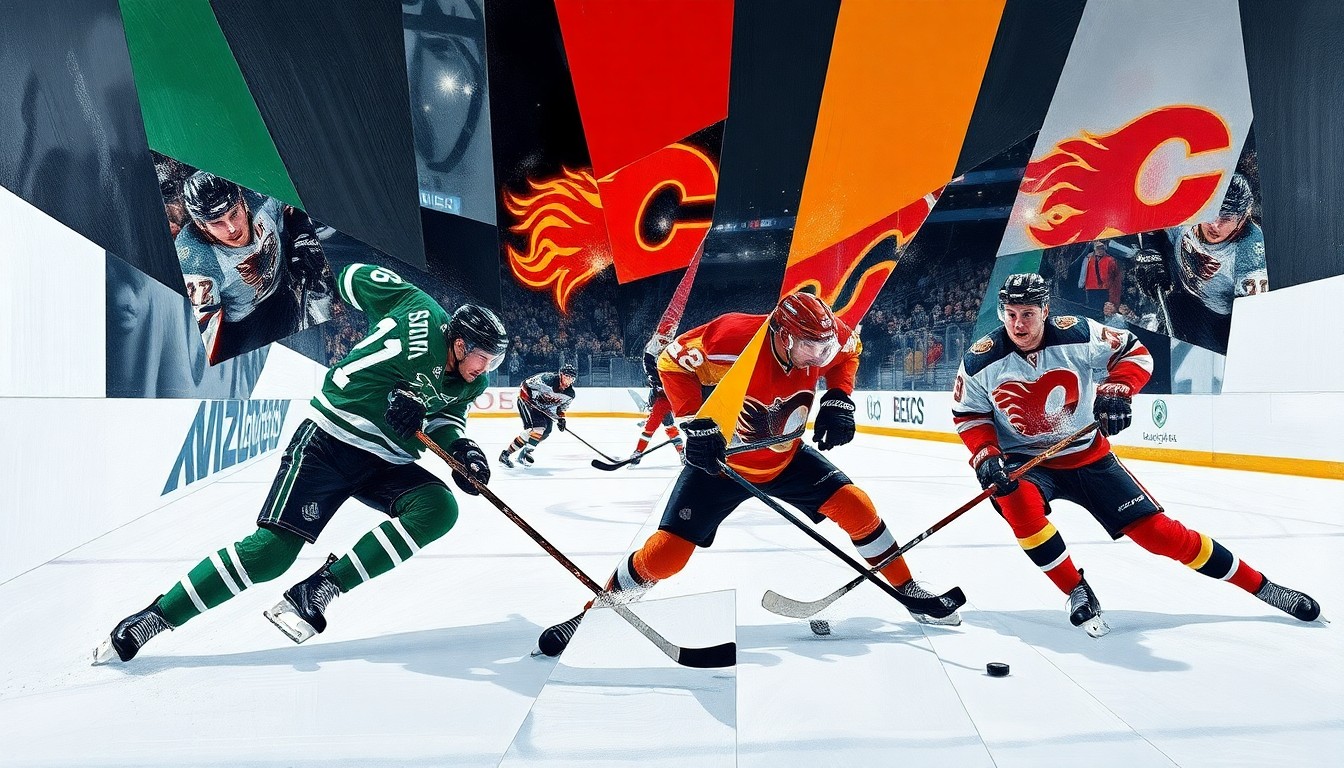 A cubist, geometric painting depicting the action and intensity of a hockey game between the Dallas Stars and Calgary Flames, with the players' movements and the competition expressed through a fragmented, angular composition.