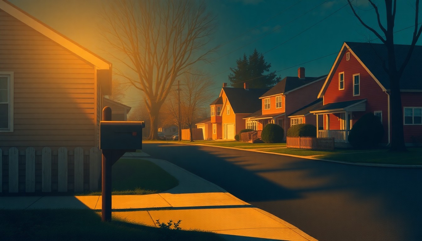 A photorealistic painting of a lone mailbox on a residential street, with warm sunlight casting deep shadows across the scene, conceptually representing the ongoing legal battle over access to abortion pills by mail.