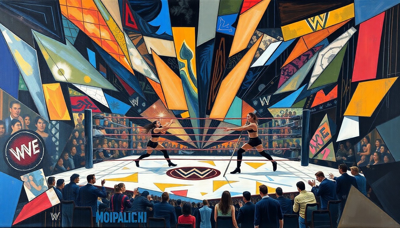 A fragmented, geometric painting depicting overlapping shapes and planes, representing the complex dynamics in the WWE women's division ahead of WrestleMania 42.