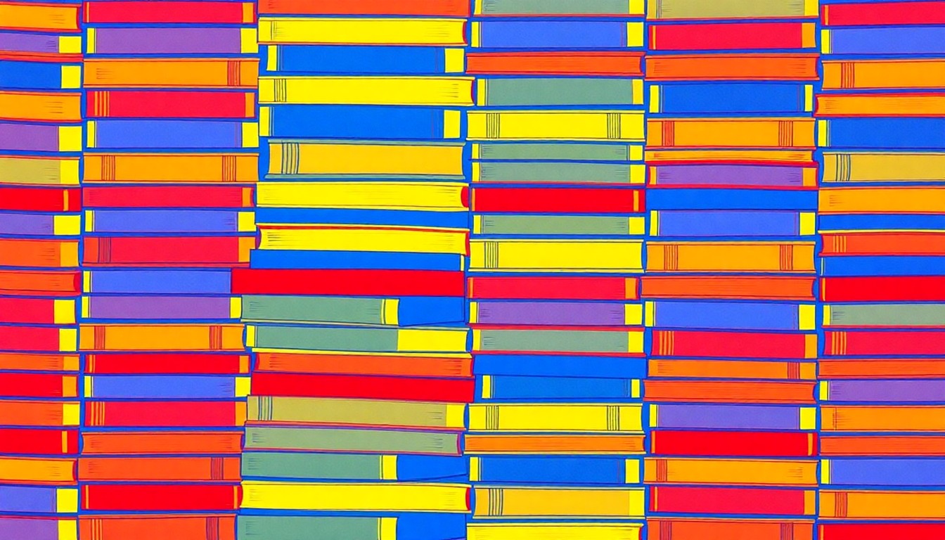 A bold, colorful silkscreen-style illustration featuring a repeating pattern of stacked books in bright blue, yellow, and red hues, conceptually representing the resources available to students seeking scholarship funding.