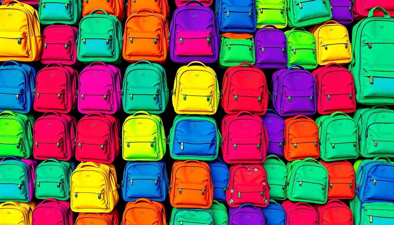 A vibrant, abstract silkscreen-style illustration of a repeating pattern of brightly colored school backpacks, conceptually representing the community impact of Sheila Woodard's youth advocacy efforts.