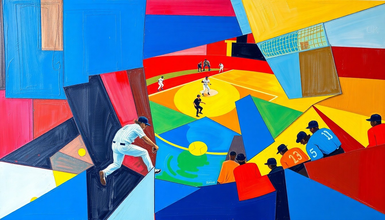 A fractured, cubist-style painting depicting the dynamic action of a baseball game, with players and the field broken down into sharp, overlapping geometric shapes in a vibrant color palette.