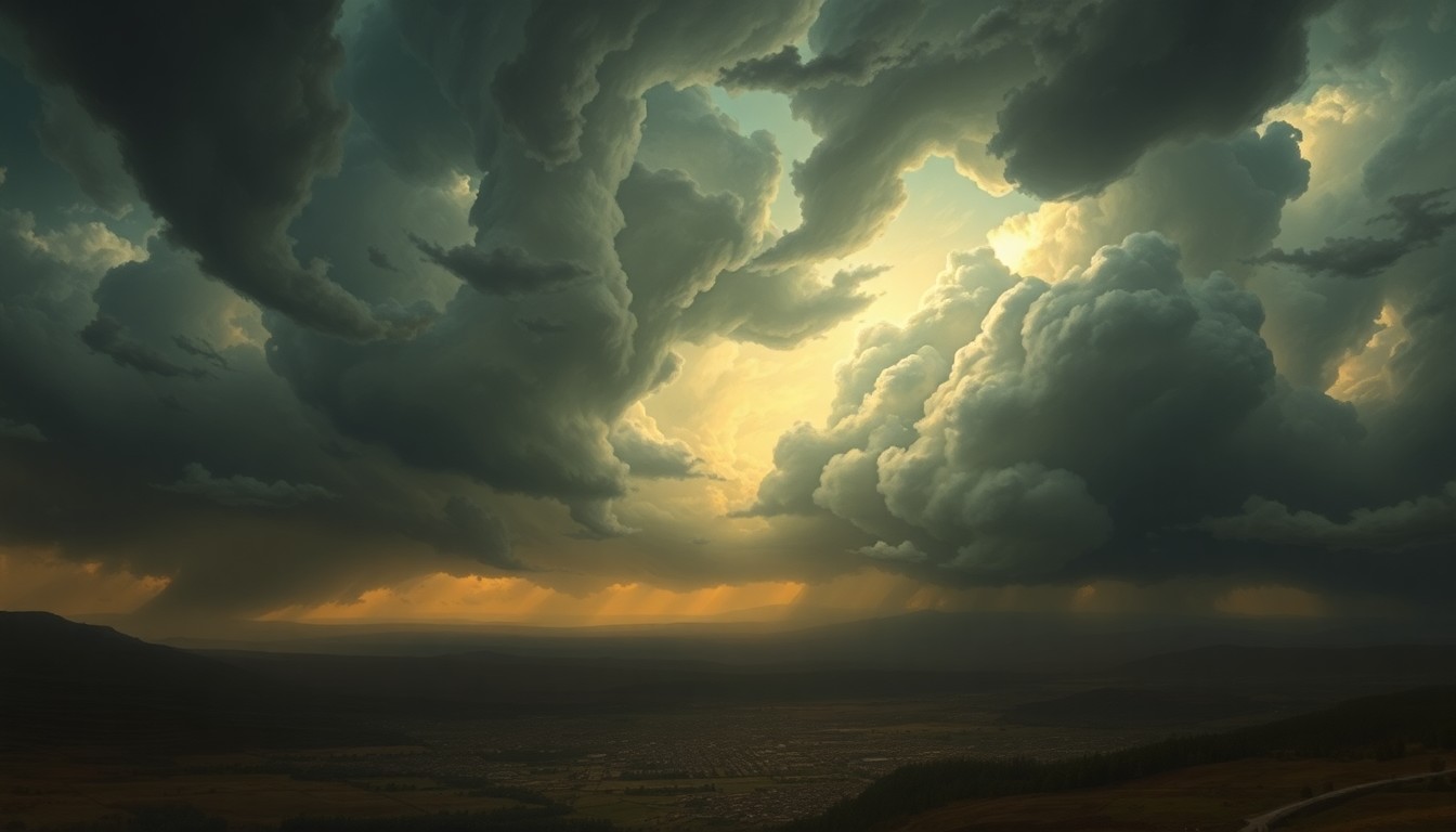A sweeping, atmospheric landscape painting depicting a small town or city structure dwarfed by the immense, swirling clouds of a tornado-warned storm system, conveying the overwhelming, sublime scale of the natural world.