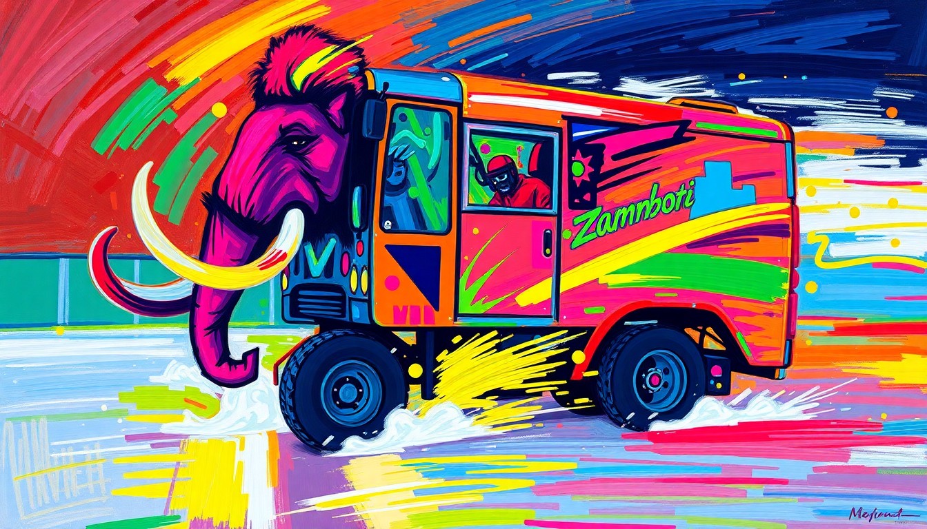 An expressionist painting in vibrant neon colors depicting a Zamboni ice resurfacing machine transforming into a Mammoth-themed 'Zammoth' vehicle, with tusks and other Mammoth features emerging from the machine in a dynamic, energetic composition.