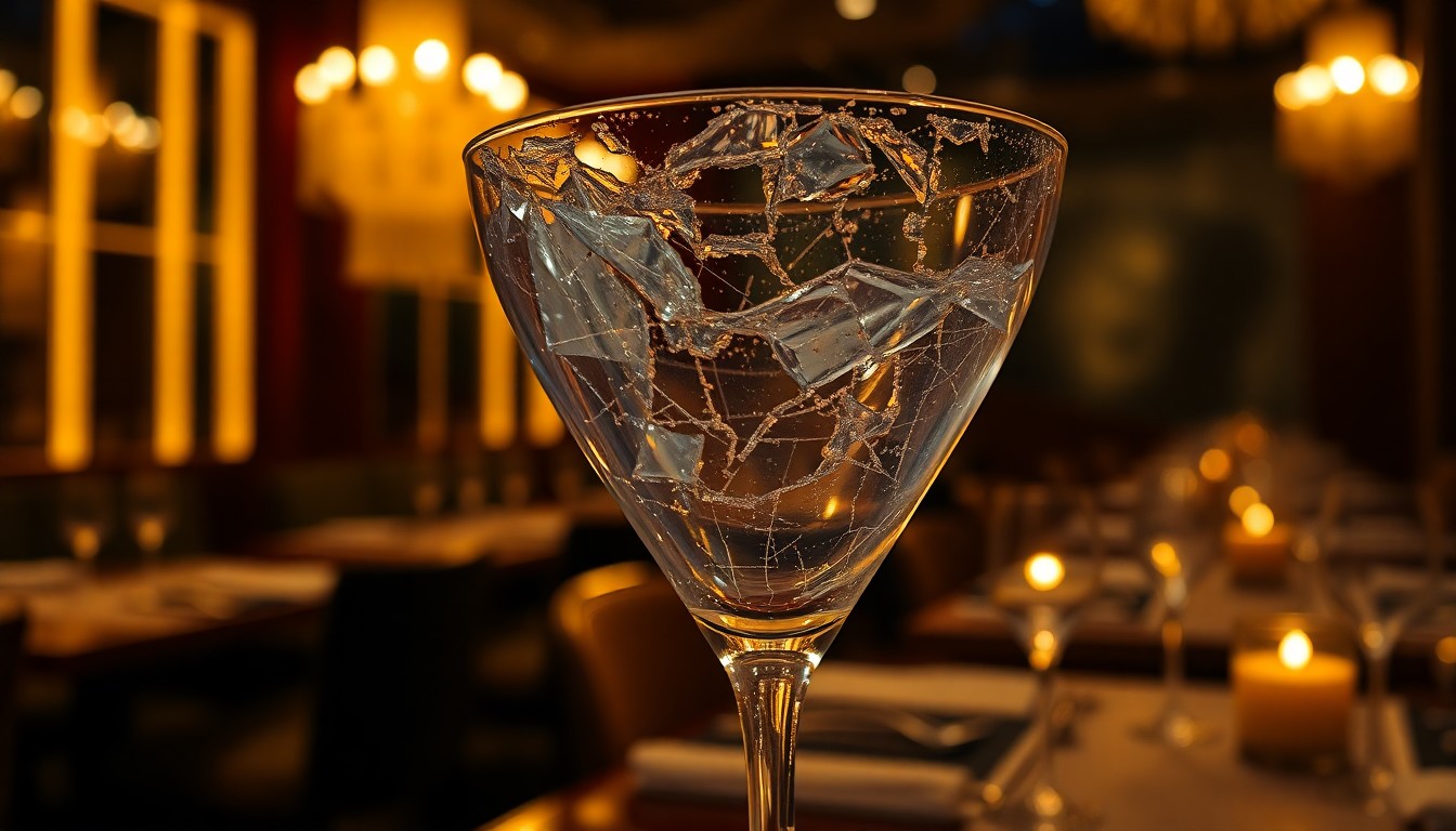 An abstract close-up photograph of shattered glass reflecting the moody lighting of an upscale restaurant, conveying a sense of disappointment and breakdown in service.