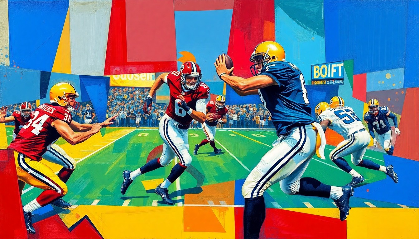 A cubist, geometric painting depicting a fragmented football player in motion, with sharp planes of color and overlapping perspectives capturing the dynamic energy of the sport.
