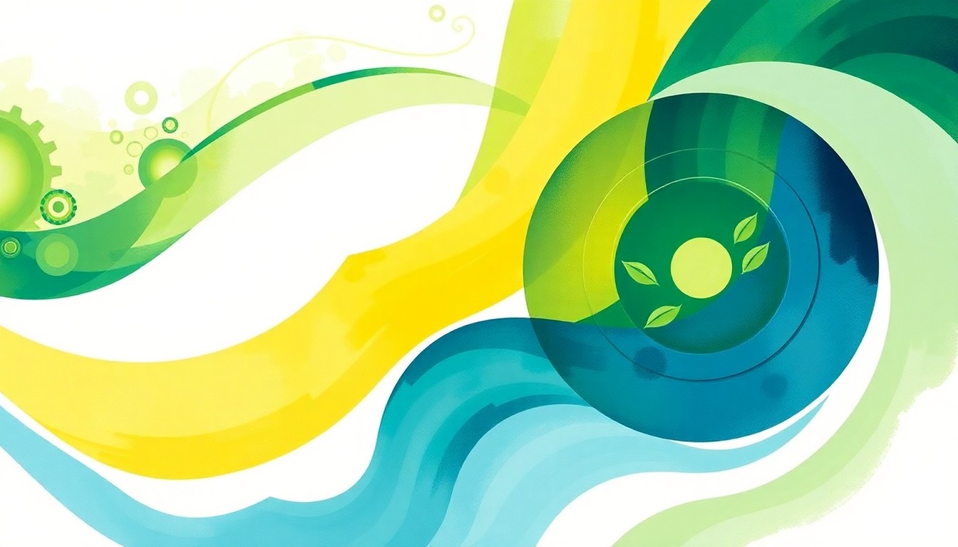 An abstract painting with sweeping geometric shapes and organic patterns in shades of green, blue, and yellow, conceptually representing the flow of renewable energy.