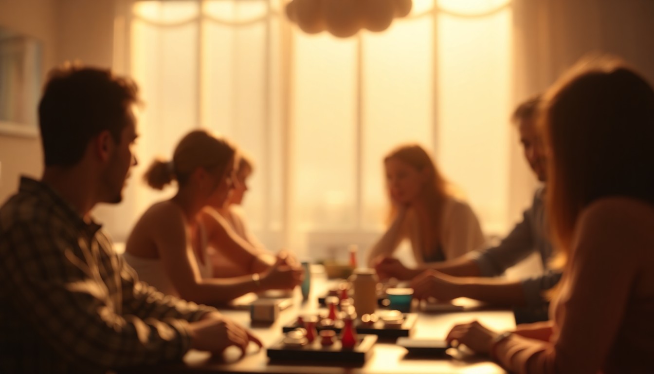 A softly blurred, out-of-focus photograph in warm, hazy tones depicting a group of people gathered around a table, deeply engaged in a tabletop game, creating an atmosphere of escapism and camaraderie.
