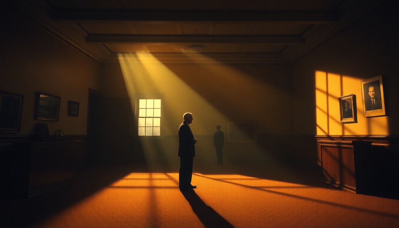 A cinematic, painterly scene of a solitary politician standing in a dimly lit government office, the space bathed in warm, diagonal sunlight and deep shadows, capturing a mood of contemplation and unease.