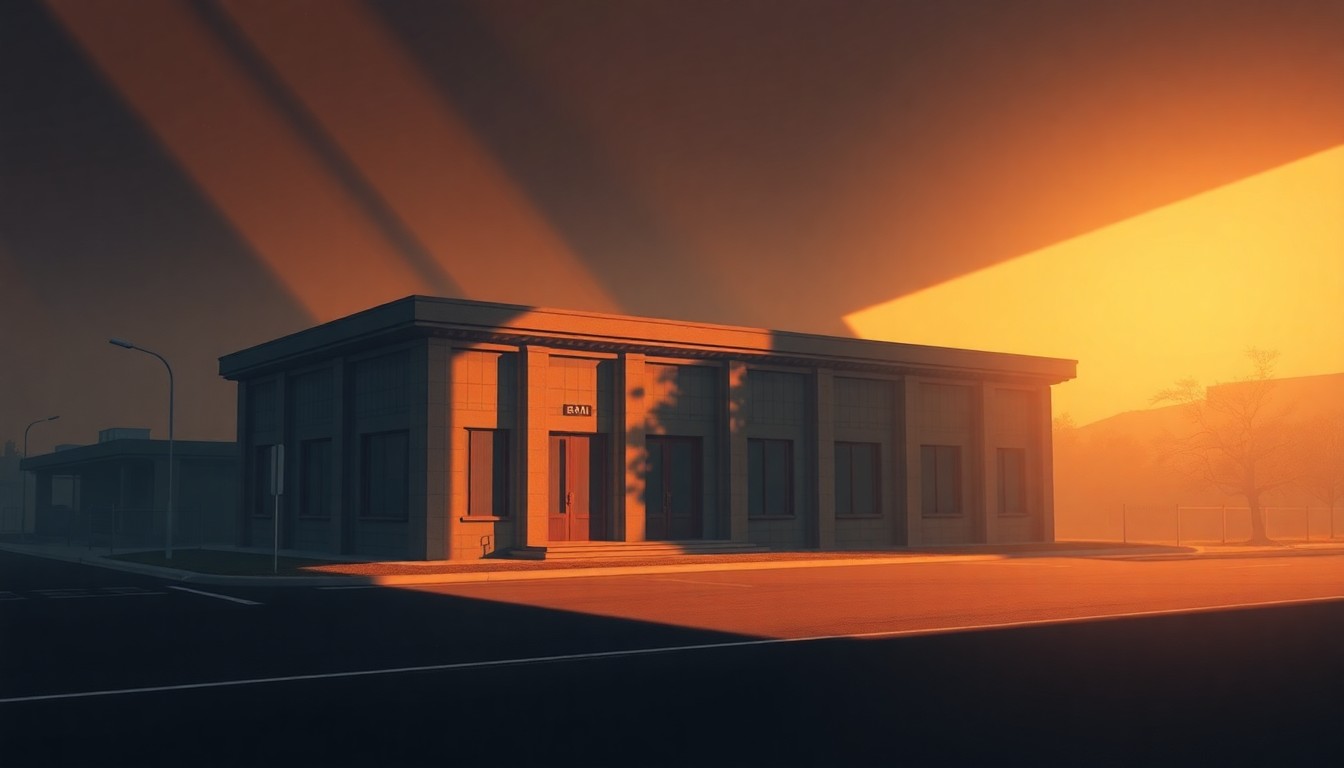 A serene, cinematic painting of a solitary Japanese government building or political office space, with warm sunlight streaming through the windows and deep shadows casting a contemplative mood, capturing the transition in Japan's nuclear diplomacy.