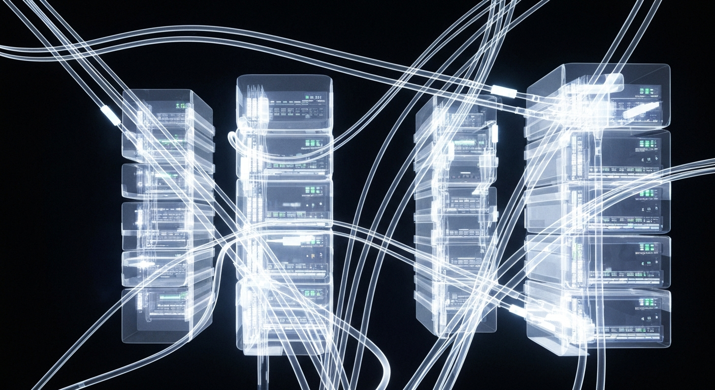 A translucent, ghostly X-ray image of a network of medical data cables and servers, glowing against a dark background, conceptually representing the seamless exchange of health data between providers.