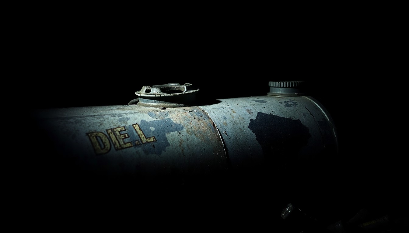 An extreme close-up photograph of a damaged diesel fuel tank or spill-related object, capturing the stark, gritty details and conceptually illustrating the dangers of the Kansas City South Loop project.