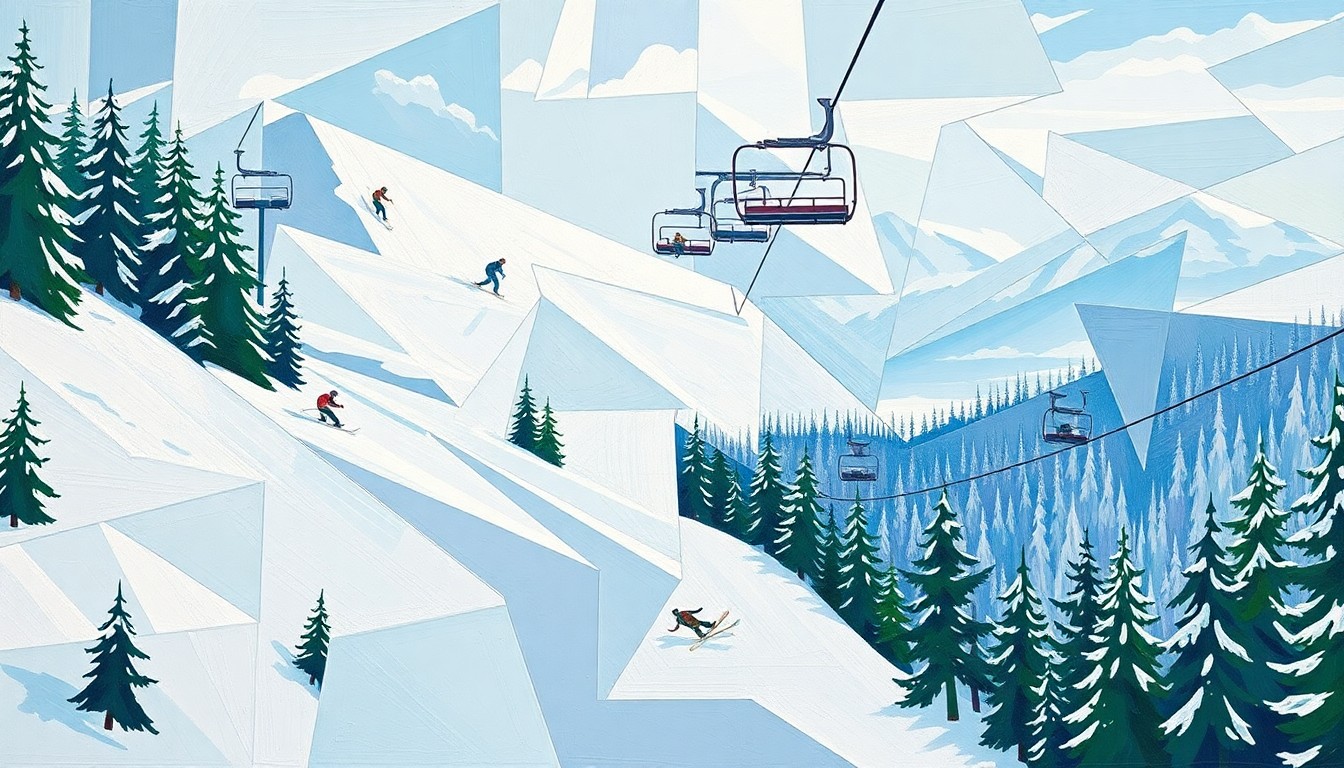 A fragmented, geometric painting depicting a ski slope, chairlift, and skiers in motion, rendered in shades of white, blue, and green to evoke the mountain environment.