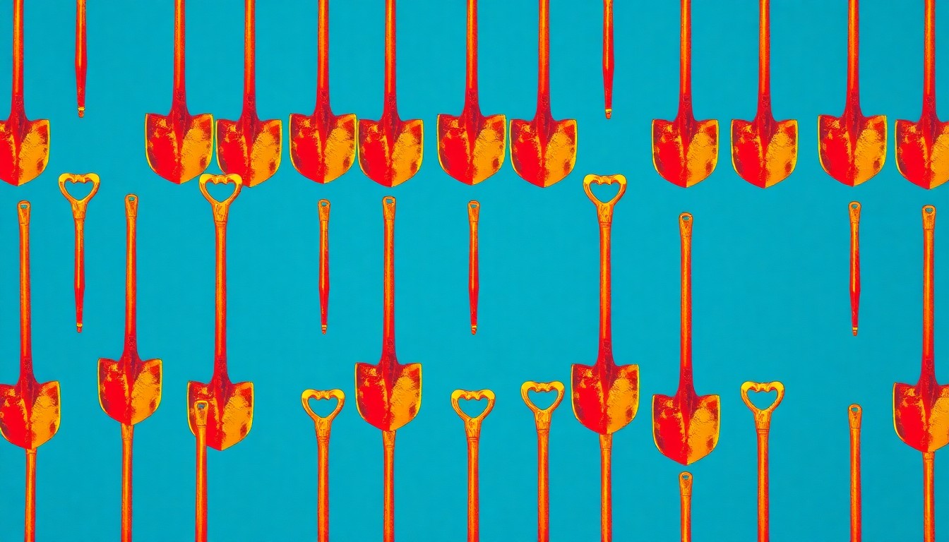 A bold, colorful silkscreen illustration featuring a repeating pattern of a vintage shovel, conceptually representing the uncovering and preservation of historical artifacts during an urban development project.