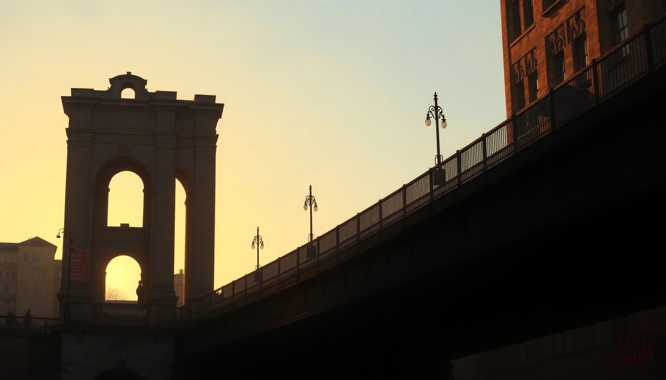 A serene, cinematic painting of an old, dilapidated city bridge spanning a river, with the structure bathed in warm, golden sunlight and deep shadows, conceptually representing the political tensions surrounding the planned infrastructure projects.