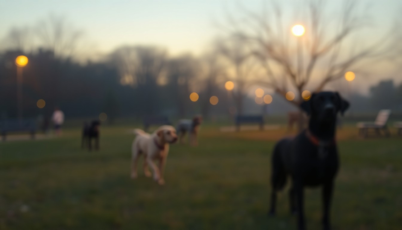 An abstract, out-of-focus photograph of a dimly lit dog park, with warm pools of yellow and orange light creating a hazy, dreamlike atmosphere that evokes a sense of unease and caution.