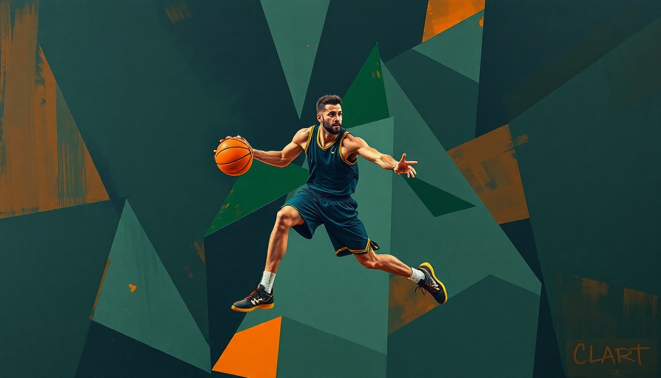 A fragmented, geometric painting depicting a basketball player's movement broken down into overlapping planes of navy, green, and orange, conceptually representing the challenges of a knee injury.