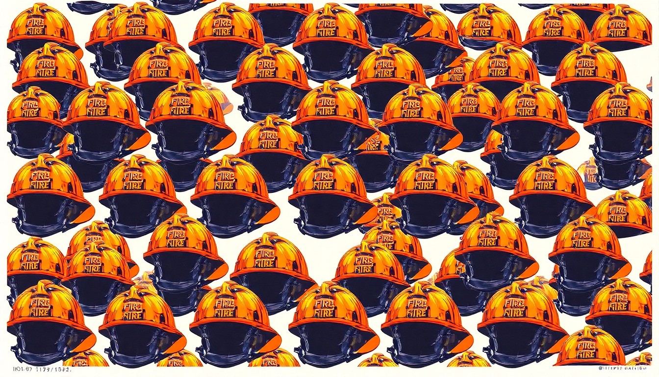 A vibrant, pop art-inspired grid of a firefighter's helmet in shades of red, orange, and yellow, conveying the collaborative fire department partnership between the two Northern California tribes.