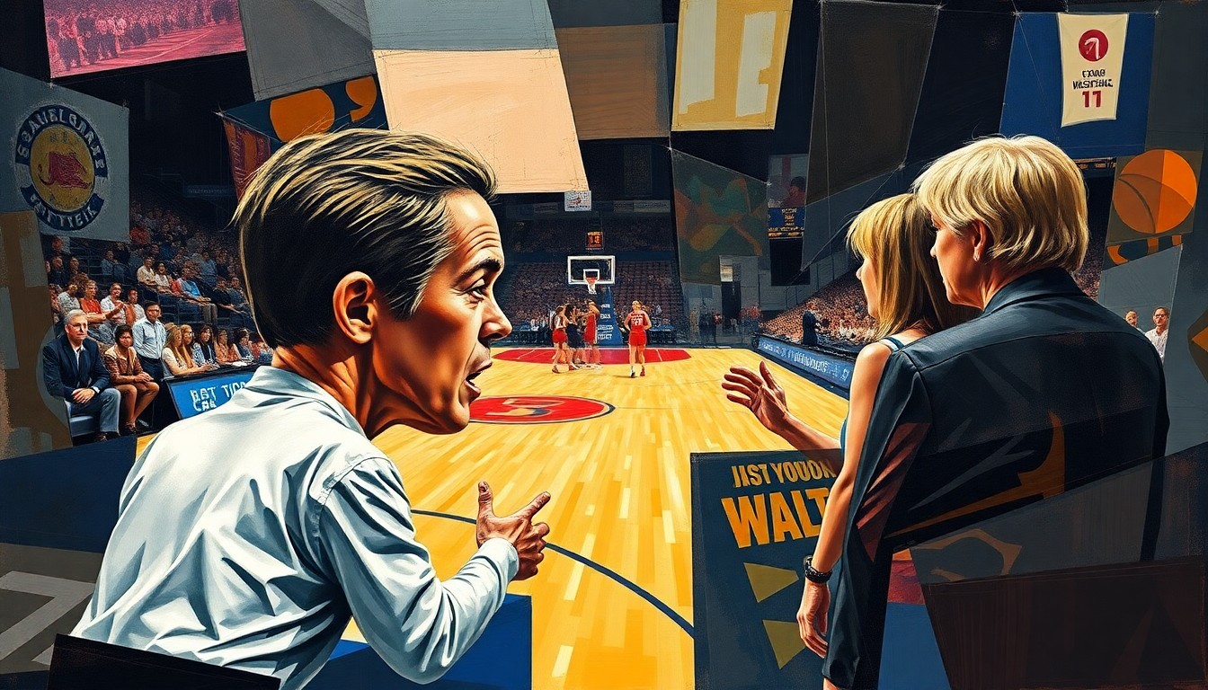 A cubist-style painting featuring fragmented, overlapping geometric shapes in shades of blue, green, and orange, conceptually representing the intensity and drama of the confrontation between the two coaches on the sideline during the NCAA women's basketball Final Four.