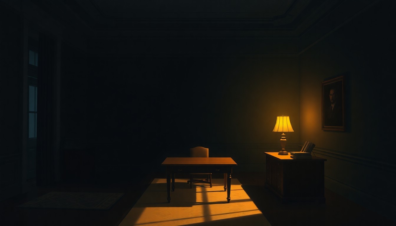 A quiet, cinematic painting of an empty government office bathed in warm, diagonal sunlight and deep shadows, evoking a sense of political transition and uncertainty.