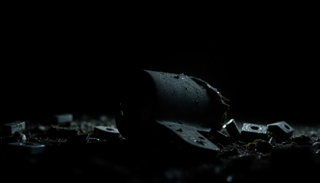 An extreme close-up photograph of a damaged, twisted piece of metal debris from the Camp Mystic flood site, lit by a harsh, direct camera flash against a pitch-black background, conceptually illustrating the grim aftermath of the deadly disaster.