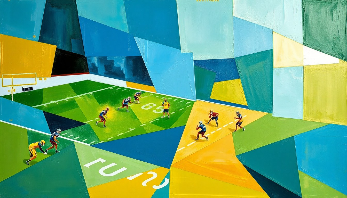 A cubist-style painting depicting a fragmented football field with players' forms broken down into overlapping geometric shapes in shades of blue, green, and gold, conveying the conceptual idea of team unity and shared purpose.
