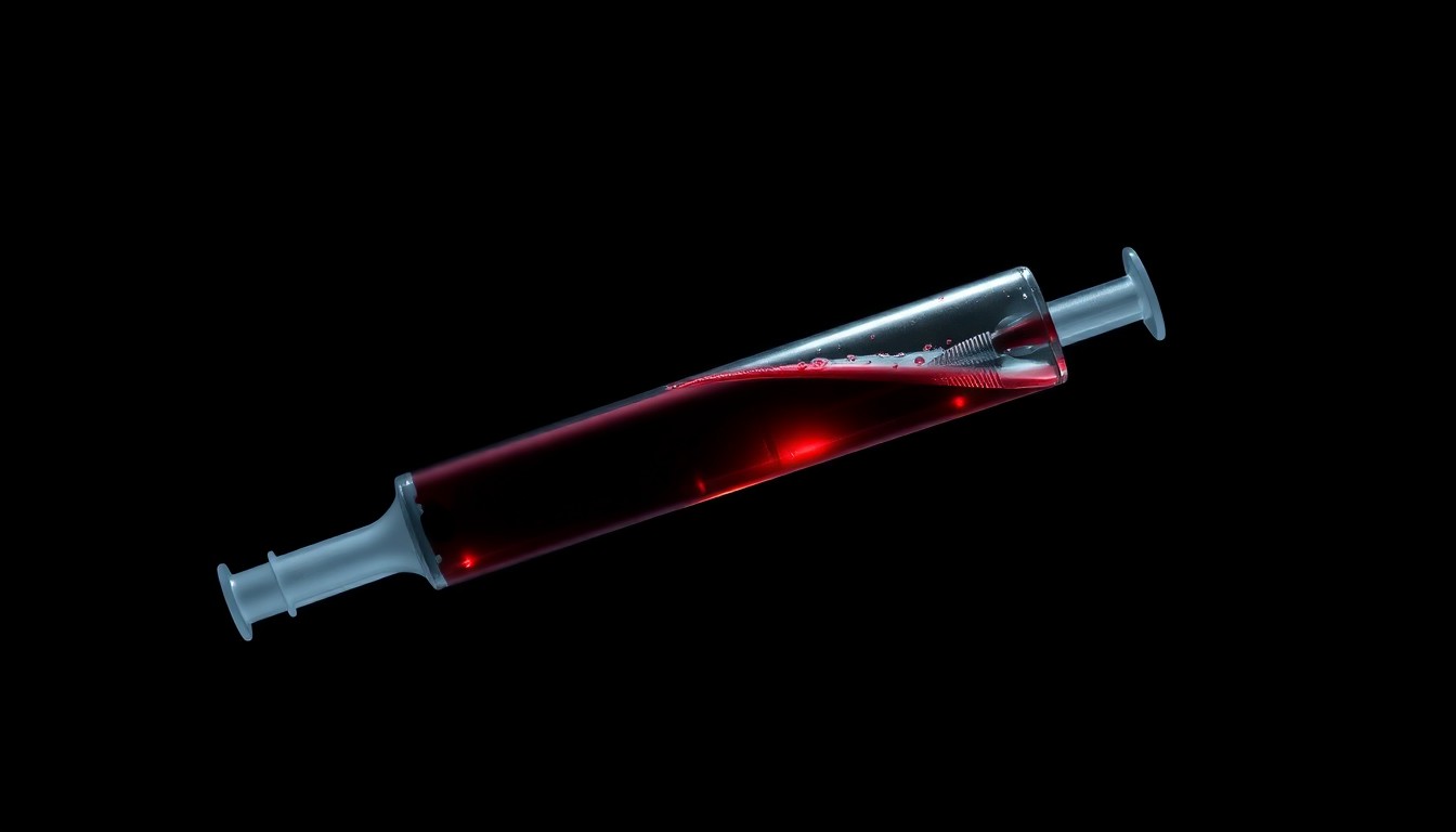 An extreme close-up of a syringe filled with an unidentified liquid substance, dramatically lit by a harsh flash against a dark background to create a stark, investigative aesthetic.