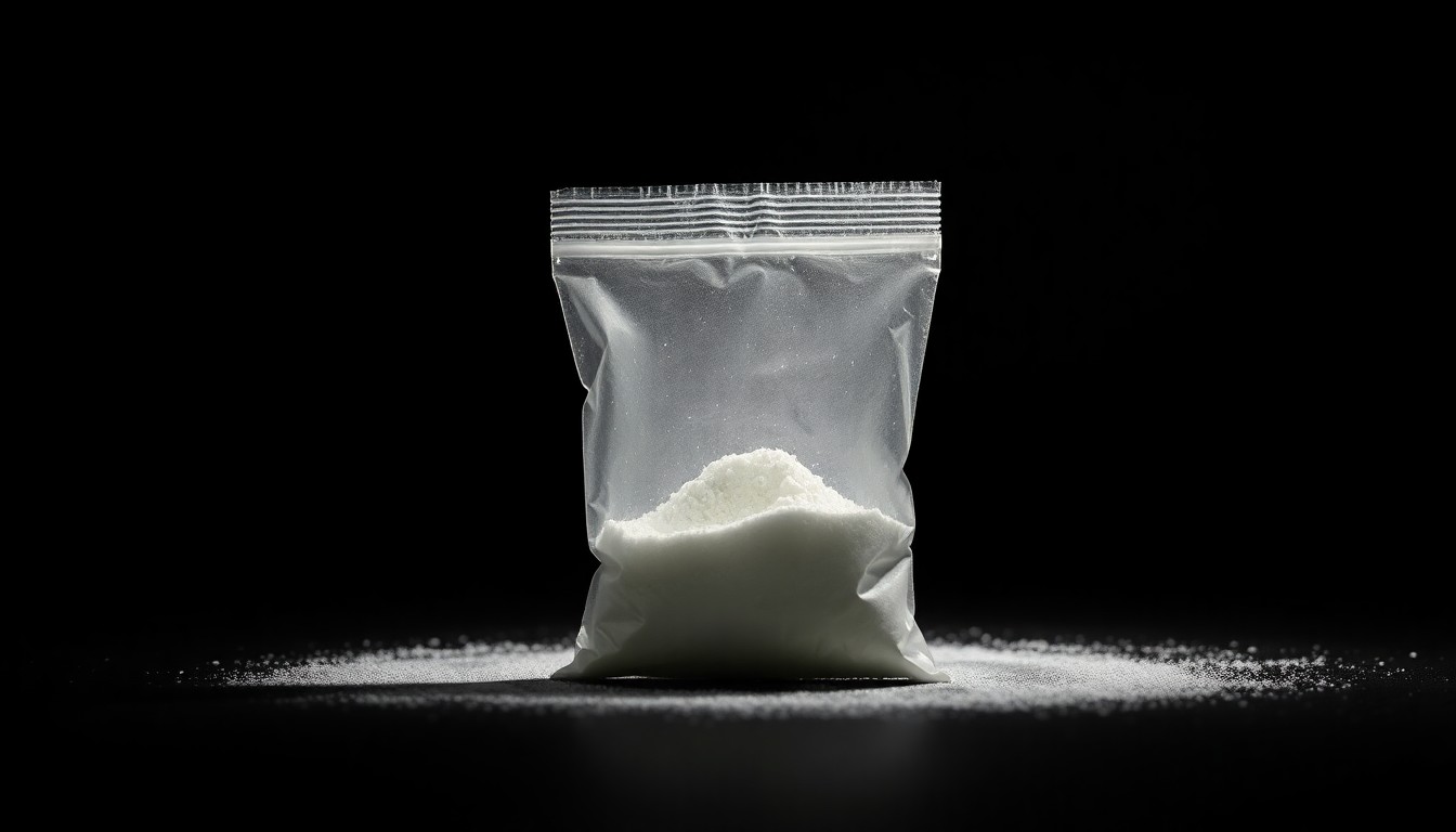 An extreme close-up of a small plastic bag containing a white powdery substance, dramatically lit by a harsh camera flash against a pitch-black background, conceptually representing the dangerous drugs at the center of this crime.
