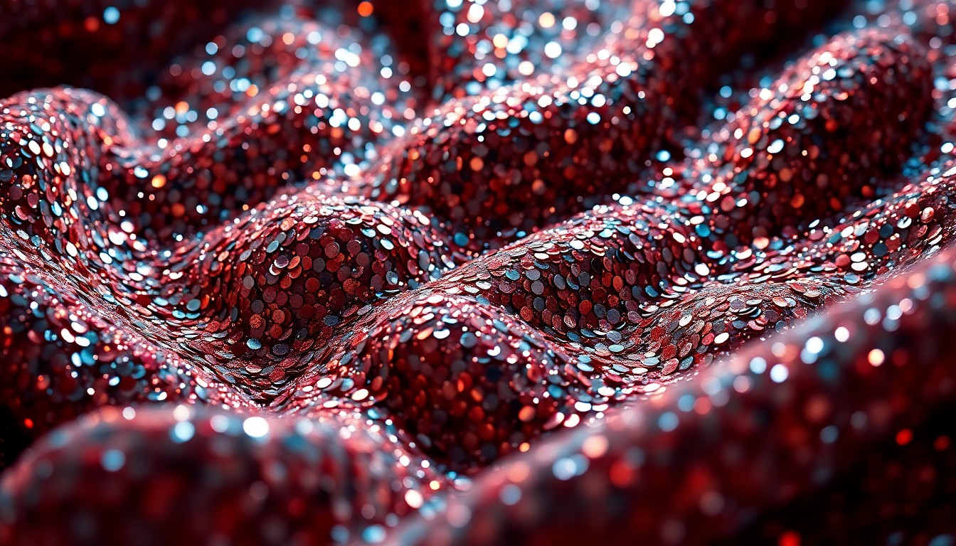 An abstract close-up photograph featuring a shimmering, high-contrast texture of glittering sequins and shattered glass, conceptually representing the glamour and drama of Silicon Valley's tech industry as depicted in popular films and shows.