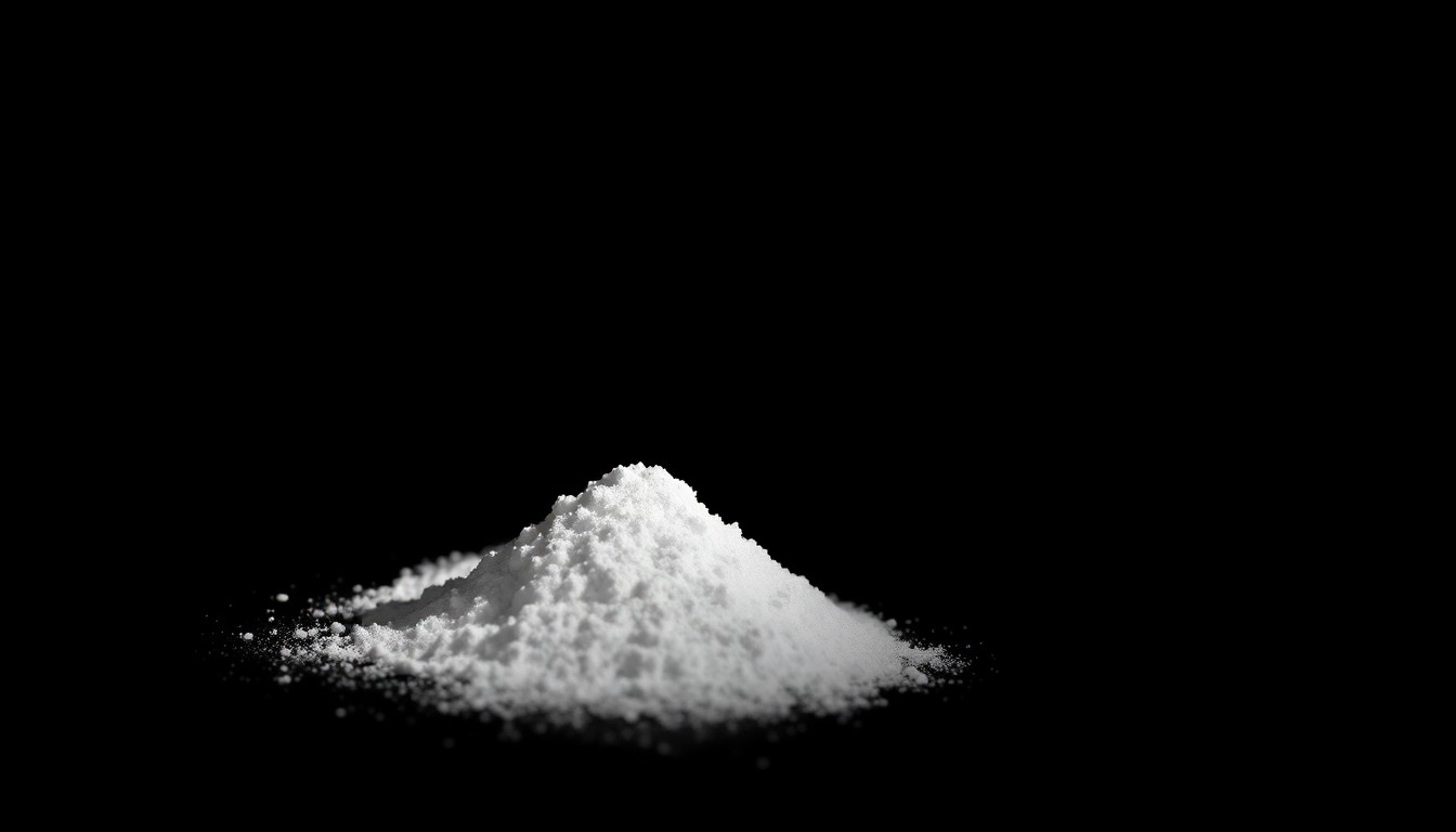 An extreme close-up photograph of a small pile of white powder, likely cocaine, lit by a harsh, direct camera flash against a pitch-black background, conceptually illustrating the seizure of a significant quantity of illegal drugs.