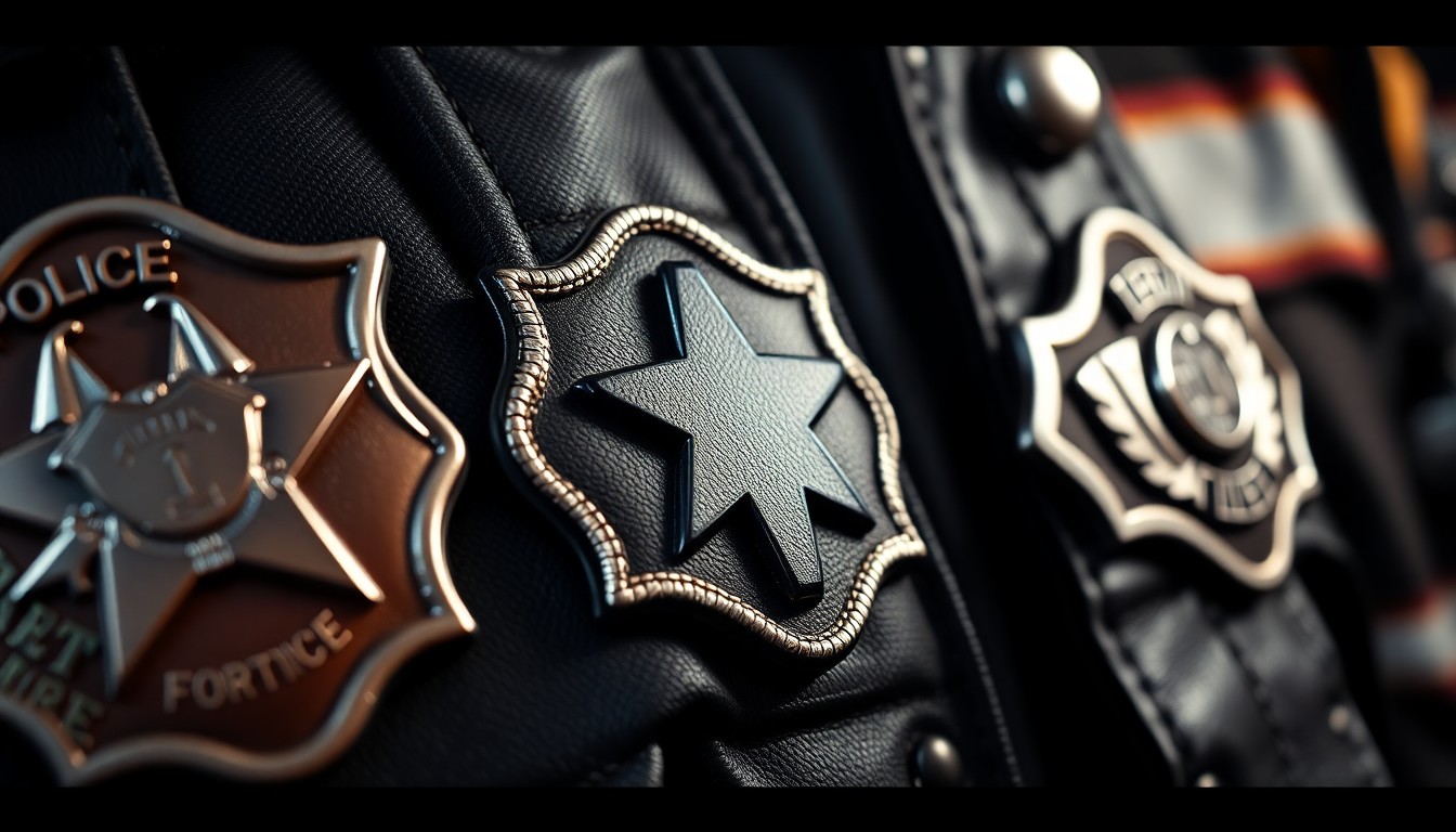 An extreme close-up of a police badge and firefighter's helmet, with the reflective stripes and rugged leather textures illuminated by dramatic studio lighting, conveying the intensity and urgency of first responder work.