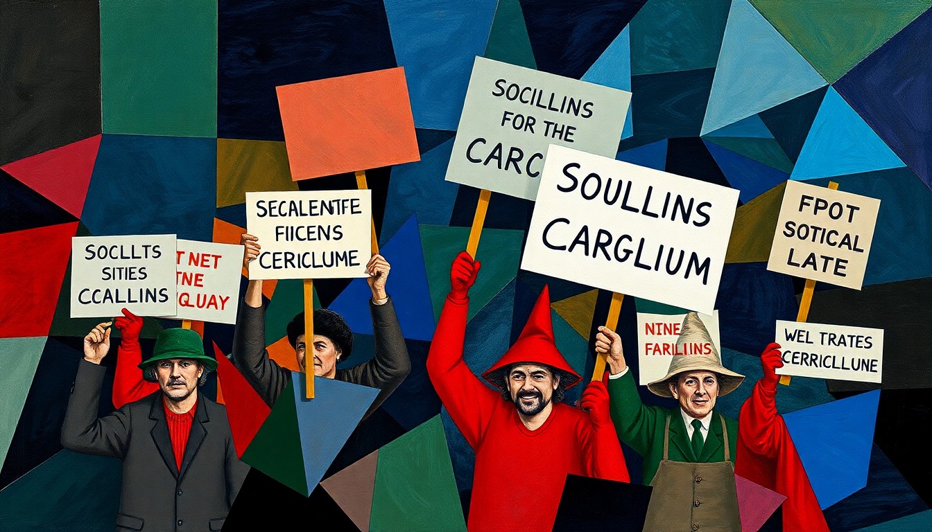 A fractured, abstract painting depicting protesters holding signs with political symbols related to the social studies curriculum debate, rendered in bold, overlapping geometric shapes and vibrant colors.