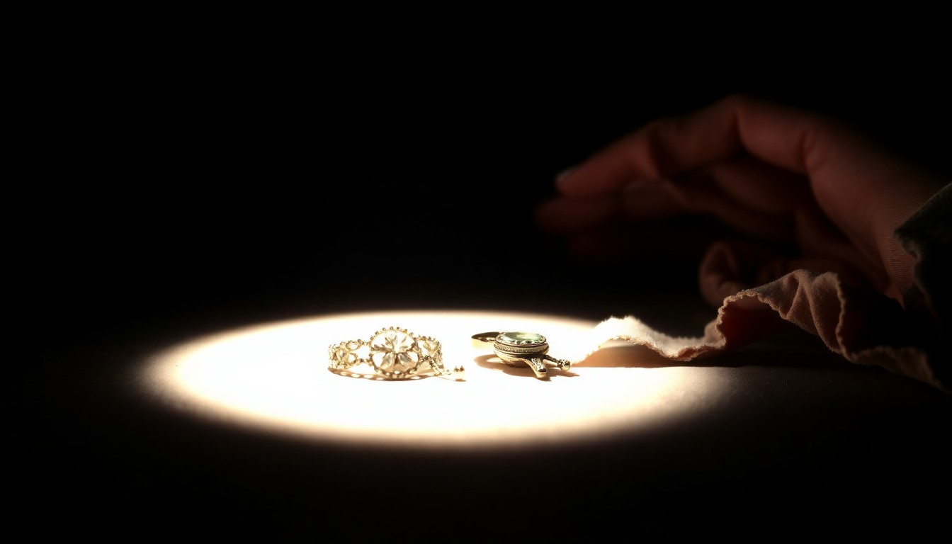 An extreme close-up photograph of a cracked and muddy object, possibly a piece of jewelry or a broken personal item, lit by a harsh flash against a dark background, conceptually representing the mystery and gravity of a tragic discovery.