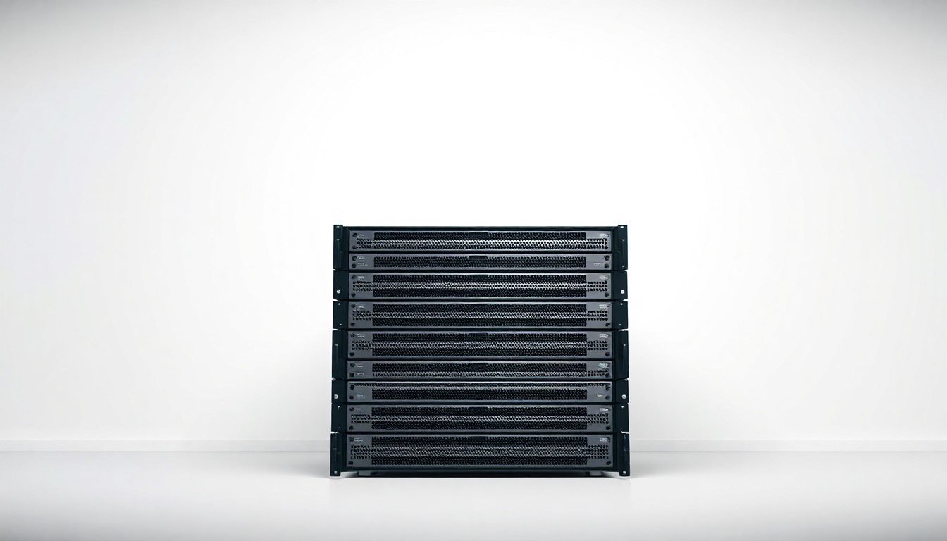 A high-end, photorealistic studio still-life photograph featuring a stack of sleek, metallic server racks against a clean, white background, conveying a sense of power and precision through dramatic lighting and deep shadows.
