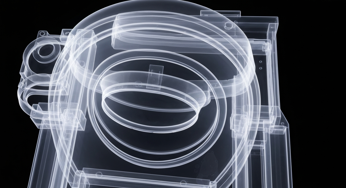 An extreme close-up X-ray photograph revealing the intricate internal components of a compact proton therapy machine, conceptually illustrating the advanced technology that is making this targeted radiation therapy more widely available.