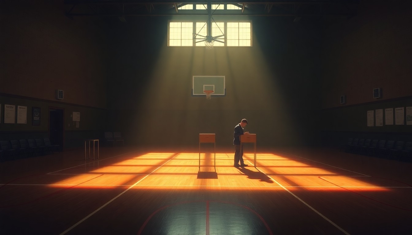 A dimly lit school gymnasium with a lone voter casting their ballot, the scene bathed in warm, diagonal sunlight and deep shadows, conveying a sense of quiet contemplation and the importance of local elections.