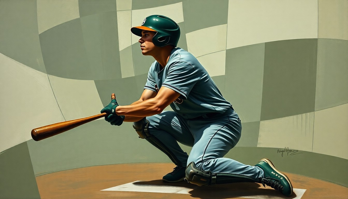 A fractured, geometric painting depicting the movements and actions of a baseball catcher, with sharp planes of muted green, brown, and gray tones conveying the conceptual challenges of Rushing's backup role.