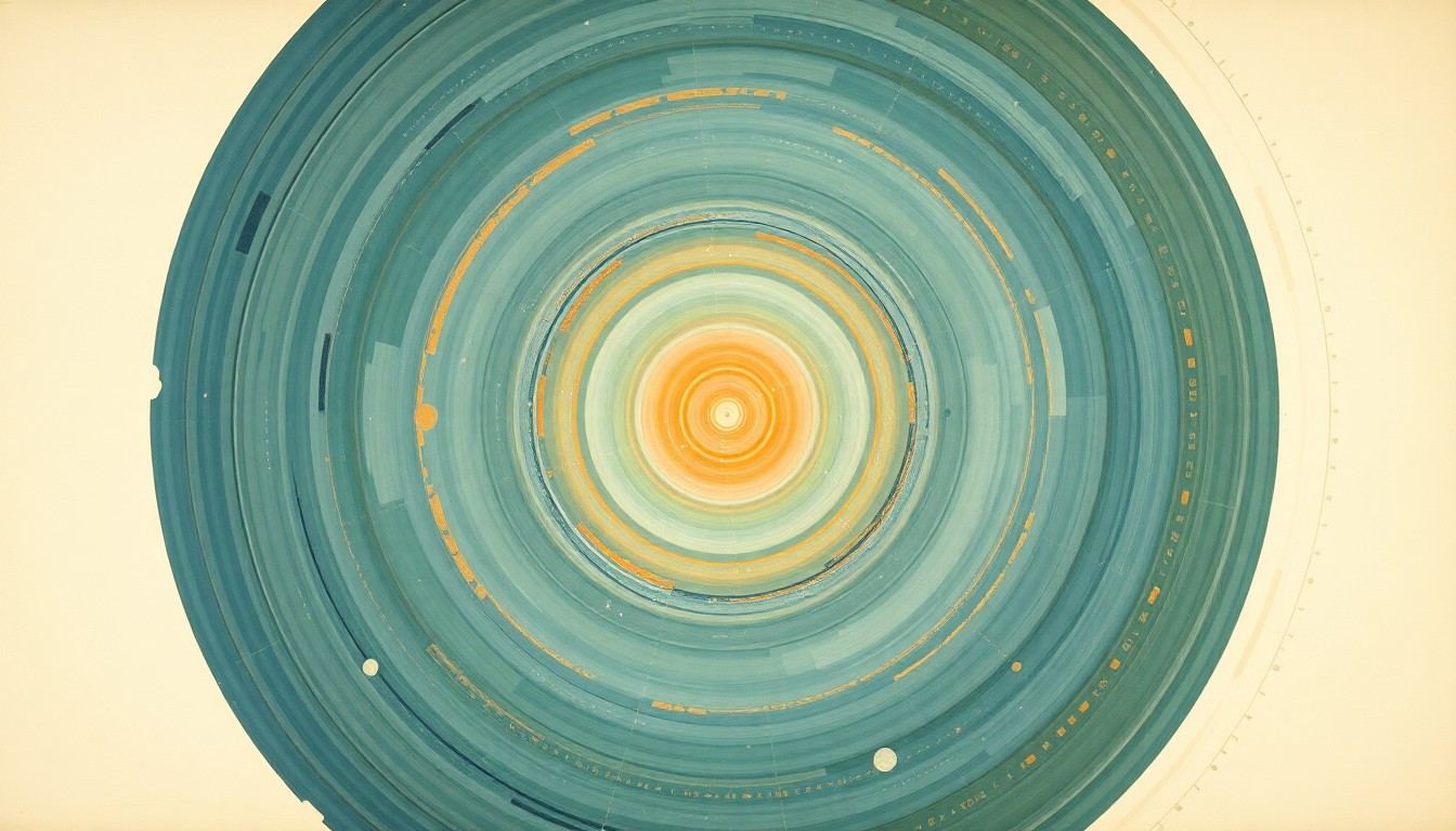 A bold, abstract painting in the style of Hilma af Klint, featuring sweeping geometric arcs, concentric circles, and precise spirals in earthy tones of blue, green, and ochre, conveying the structural order and complex forces of deep space exploration.