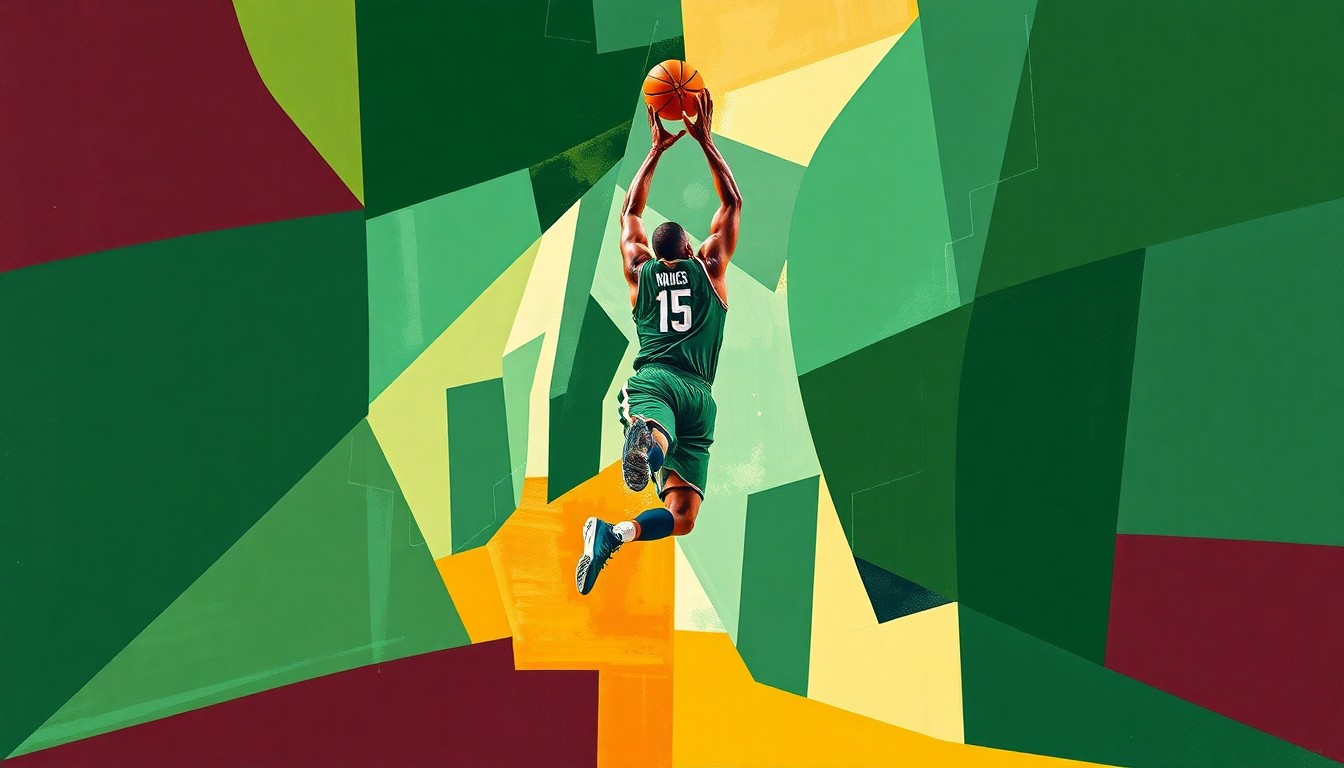 A cubist, geometric painting depicting a basketball player's jump shot broken down into overlapping planes of forest green, cream, and burgundy colors.