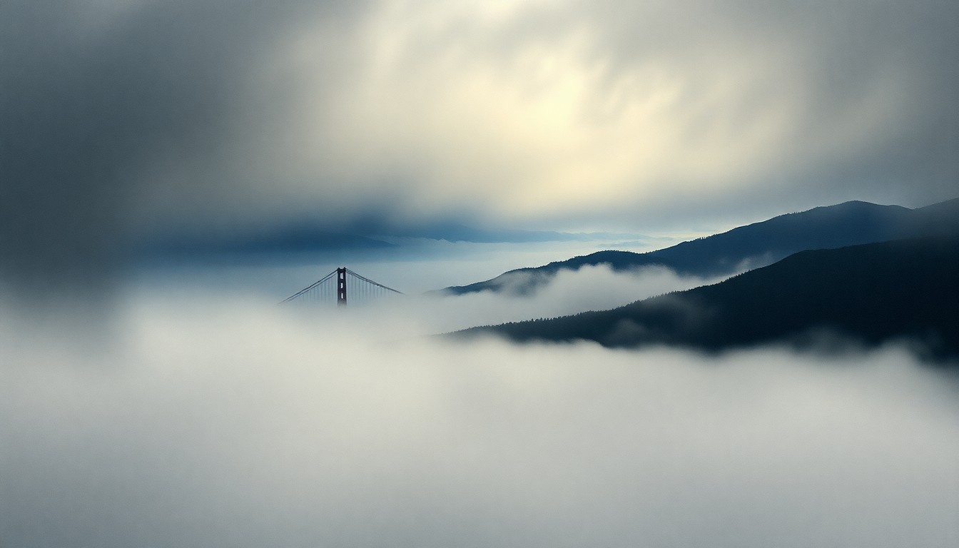 A sweeping, atmospheric landscape painting in muted tones of grey, blue, and green, capturing the vast, sublime scale of the natural world as it dwarfs the iconic Golden Gate Bridge in the distance, obscured by heavy fog.
