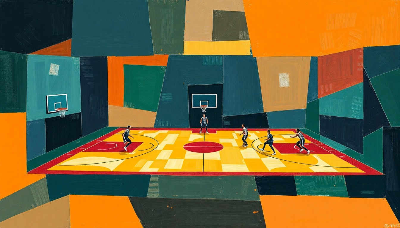 A cubist-style painting depicting a fragmented basketball court and players, with sharp geometric shapes in navy, green, and orange conveying the complex challenges facing the Bulls' front office.