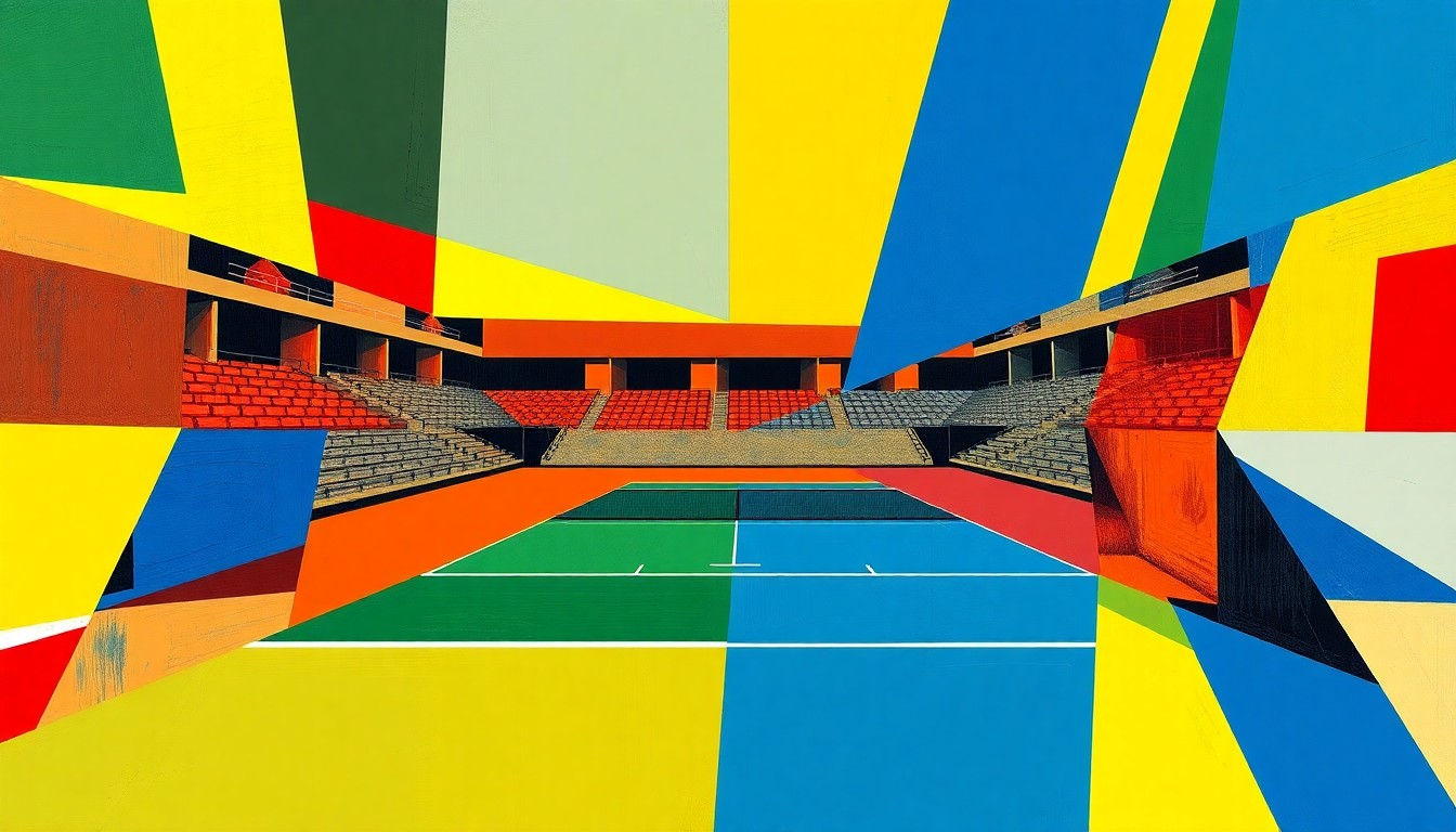 A cubist-style painting featuring sharp, overlapping geometric shapes in the school colors of Austin Peay and Tennessee Tech, representing the fractured, multi-perspective action of a college tennis match.