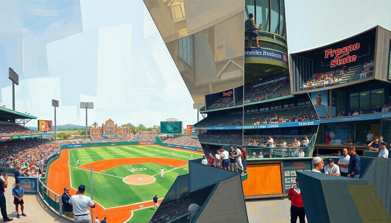 A cubist-style painting featuring fragmented, geometric shapes in bright colors that abstractly represent the action and energy of a college baseball game, without any identifiable players, teams, or logos.