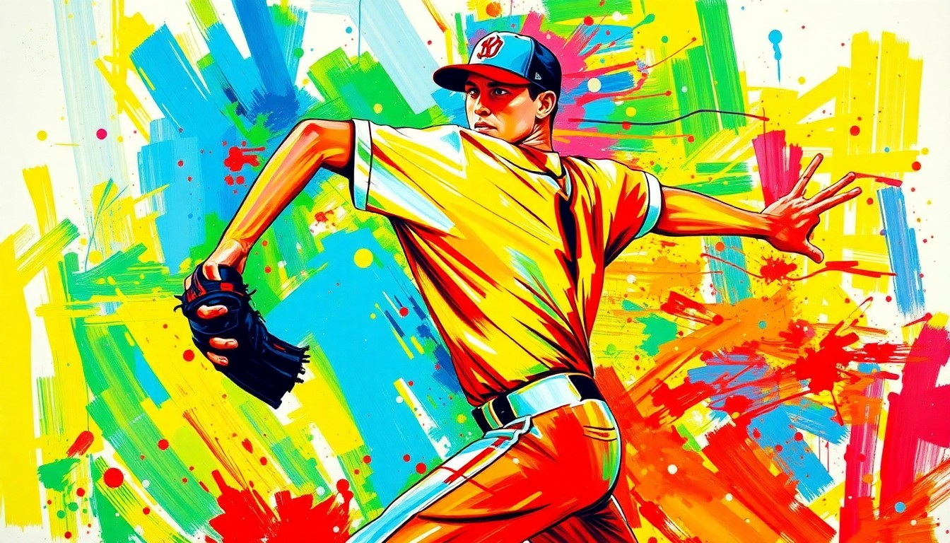 An abstract, energetic painting in a vibrant, expressionist style, with rapid brushstrokes in neon colors capturing the raw power and motion of a baseball pitcher's delivery.