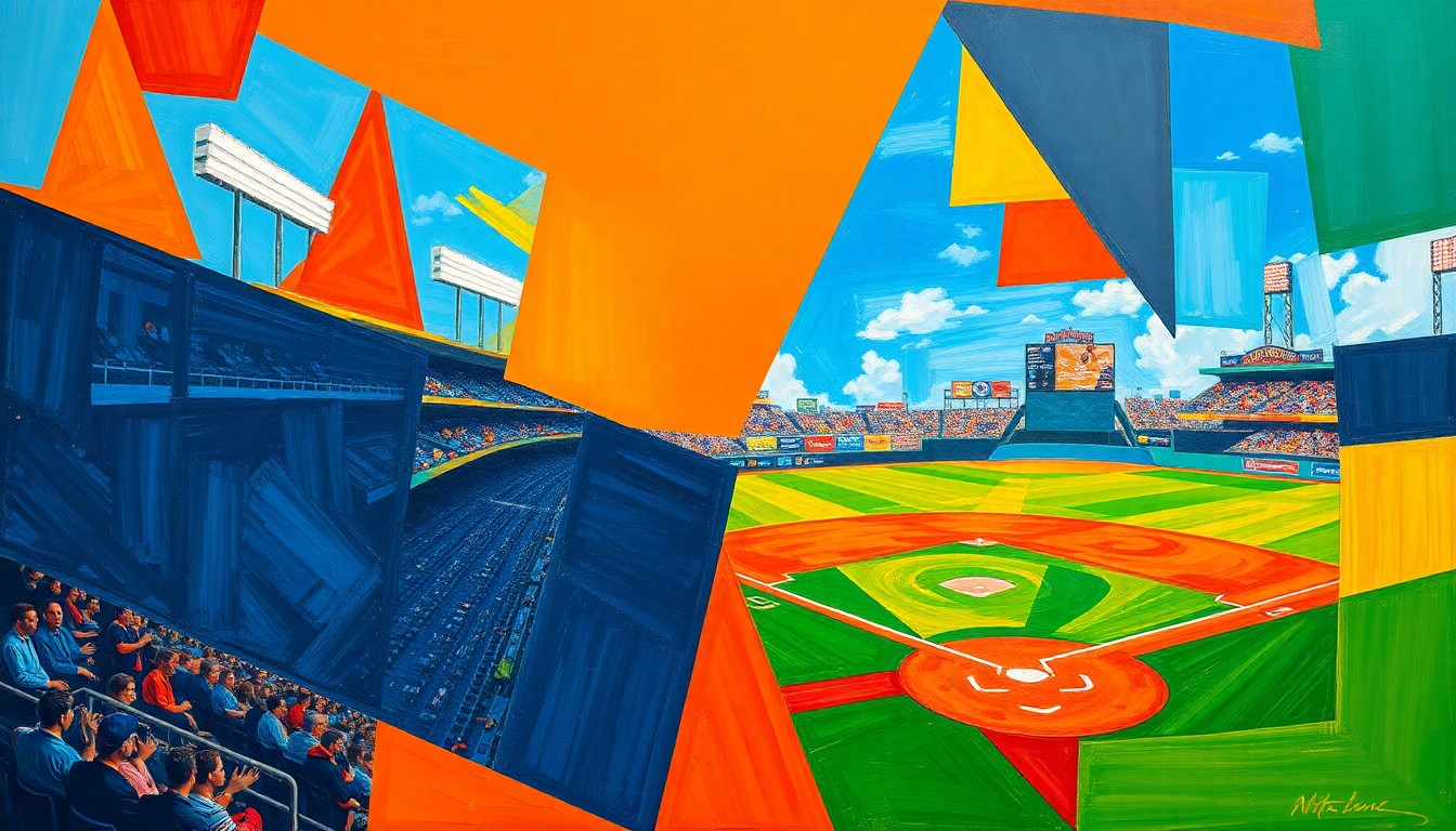 A cubist, geometric painting depicting a baseball game, with overlapping planes of bright colors representing the energy and excitement of the sport.