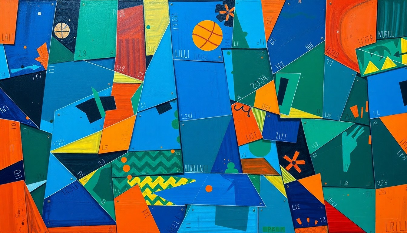 A fragmented, cubist-style painting depicting the chaotic energy of a basketball game, with sharp geometric shapes in deep blue, green, and orange hues overlapping to create a sense of motion and intensity.